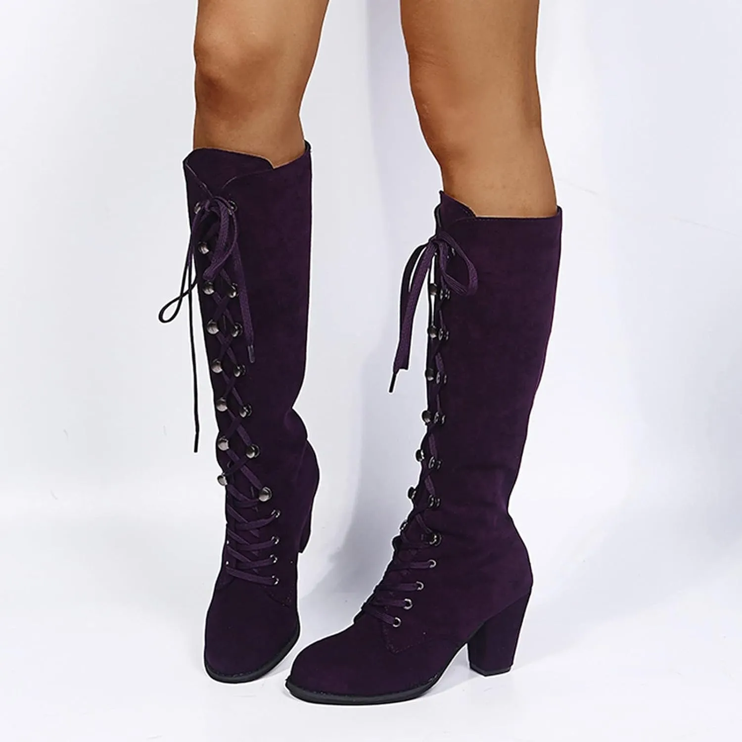 ZDLJYL Women's Gothic Mid-Calf Boots Suede Lace-Up Chunky Heel Snow Boot Leather Retro Casual Comfort Cowboy Boots for Women
