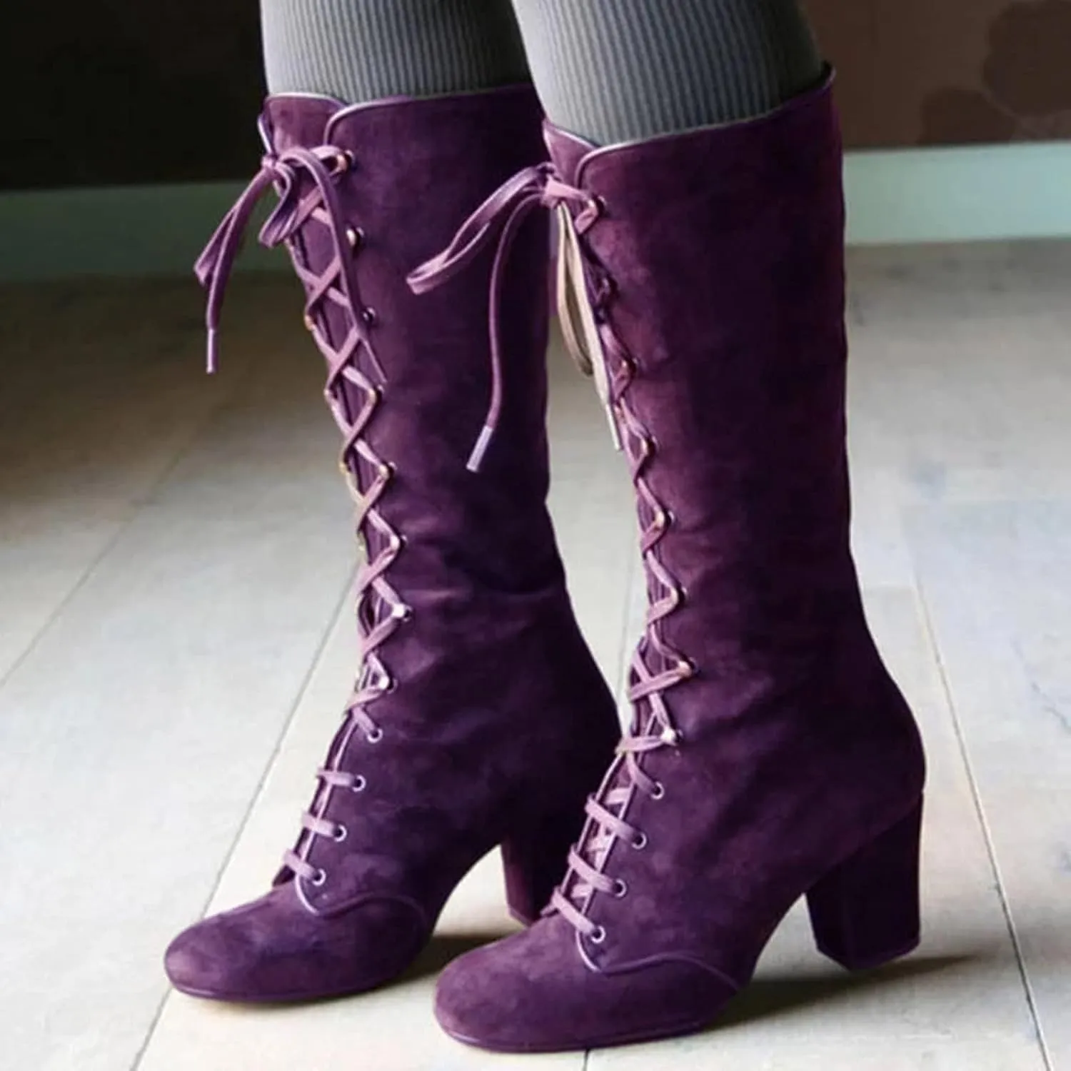 ZDLJYL Women's Gothic Mid-Calf Boots Suede Lace-Up Chunky Heel Snow Boot Leather Retro Casual Comfort Cowboy Boots for Women