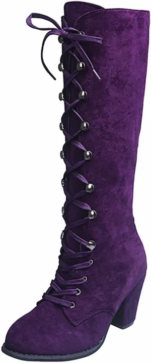 ZDLJYL Women's Gothic Mid-Calf Boots Suede Lace-Up Chunky Heel Snow Boot Leather Retro Casual Comfort Cowboy Boots for Women