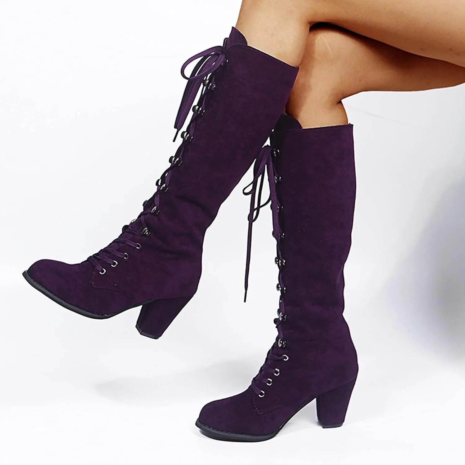 ZDLJYL Women's Gothic Mid-Calf Boots Suede Lace-Up Chunky Heel Snow Boot Leather Retro Casual Comfort Cowboy Boots for Women