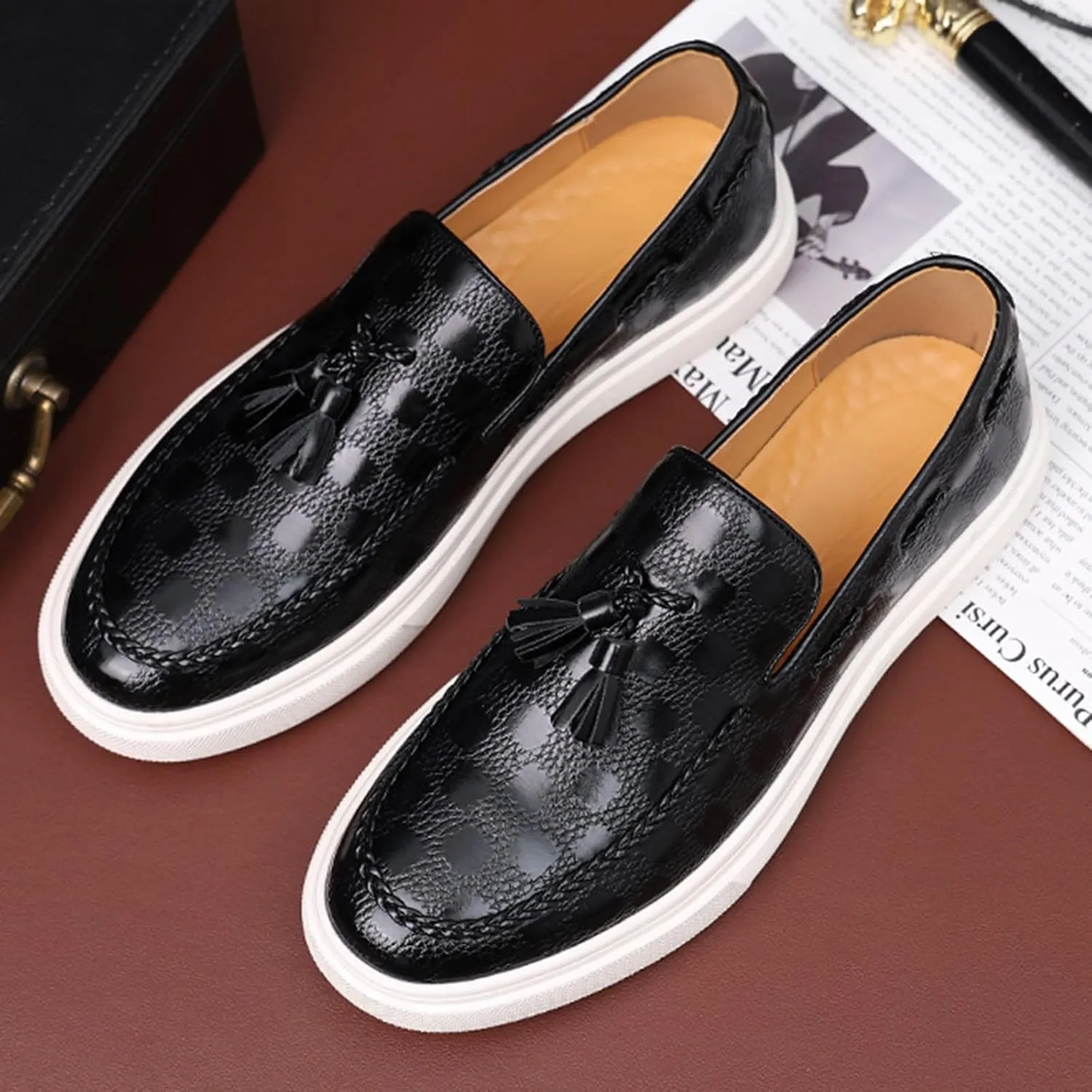 Zeberfi Men's Plaid Pattern Leather Slip On Tassel Loafers Fashion Round Toe Low Top Non-Slip Luxury Business Casual Shoes