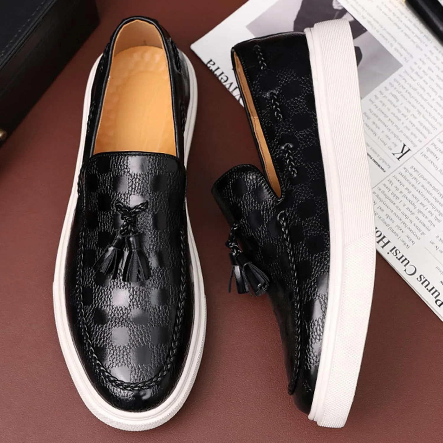 Zeberfi Men's Plaid Pattern Leather Slip On Tassel Loafers Fashion Round Toe Low Top Non-Slip Luxury Business Casual Shoes