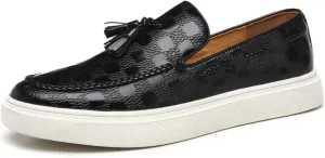 Zeberfi Men's Plaid Pattern Leather Slip On Tassel Loafers Fashion Round Toe Low Top Non-Slip Luxury Business Casual Shoes