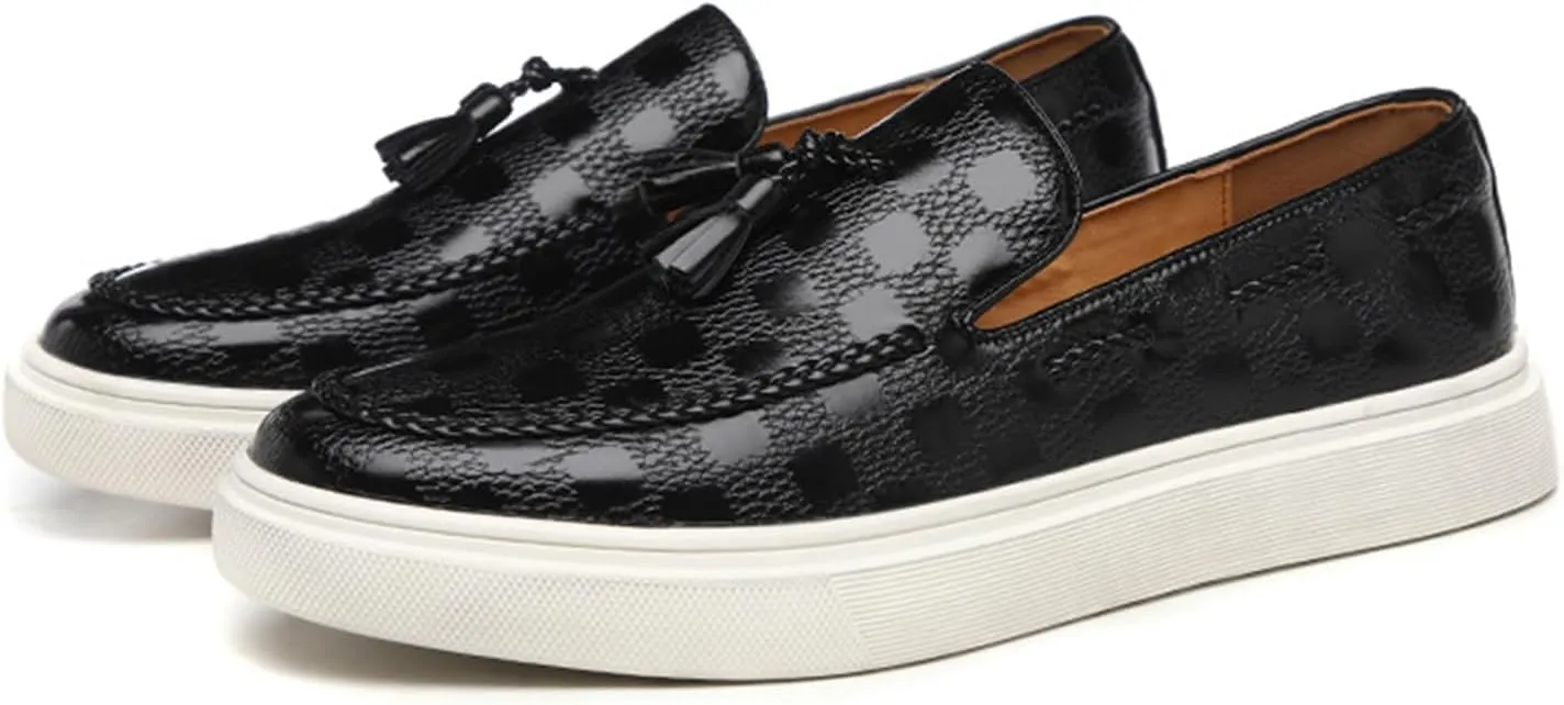 Zeberfi Men's Plaid Pattern Leather Slip On Tassel Loafers Fashion Round Toe Low Top Non-Slip Luxury Business Casual Shoes