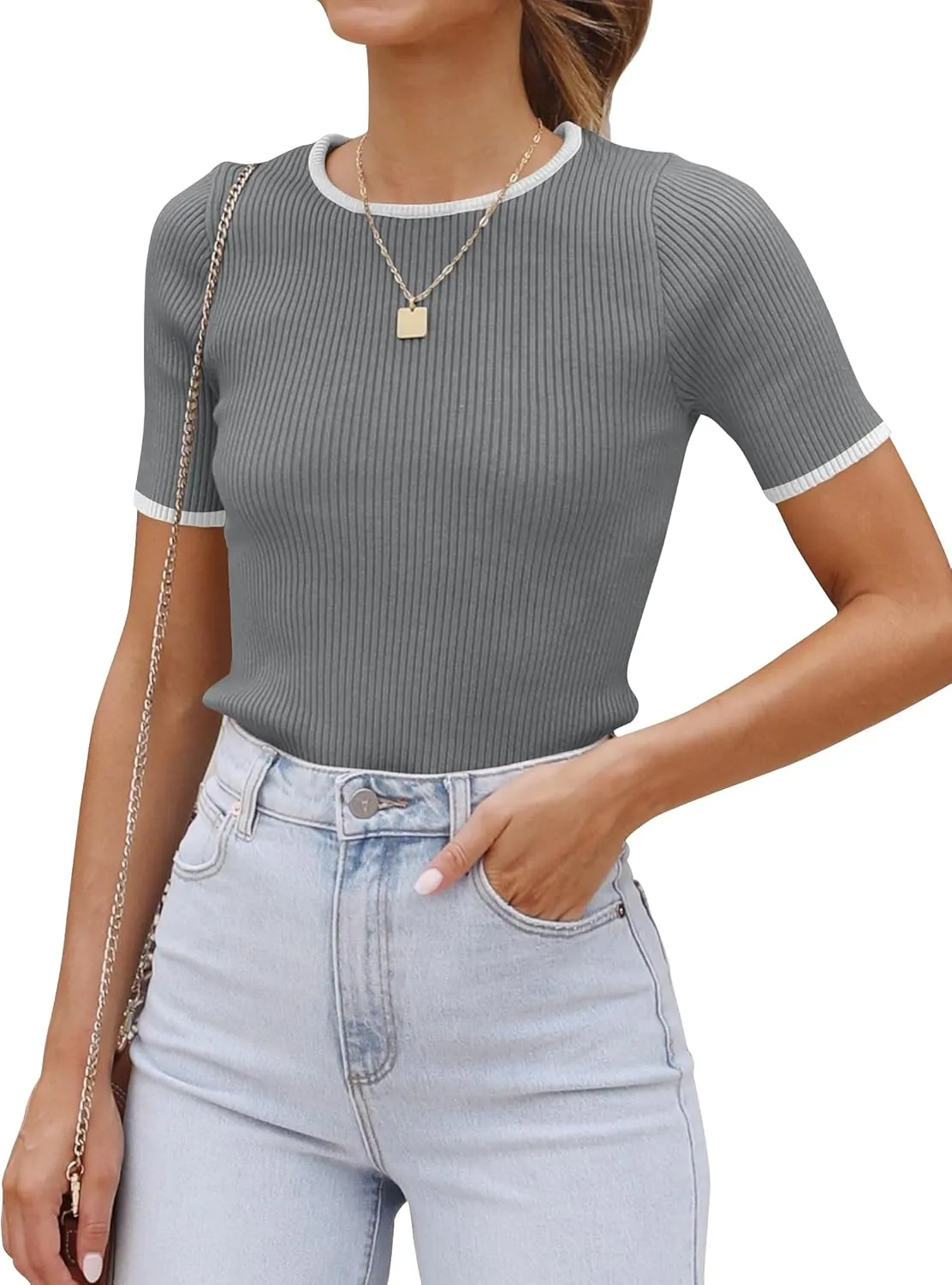 ZESICA Women's Short Sleeve Crewneck T Shirt 2025 Summer Ribbed Knit Slim Fit Basic Solid Color Tee Tops
