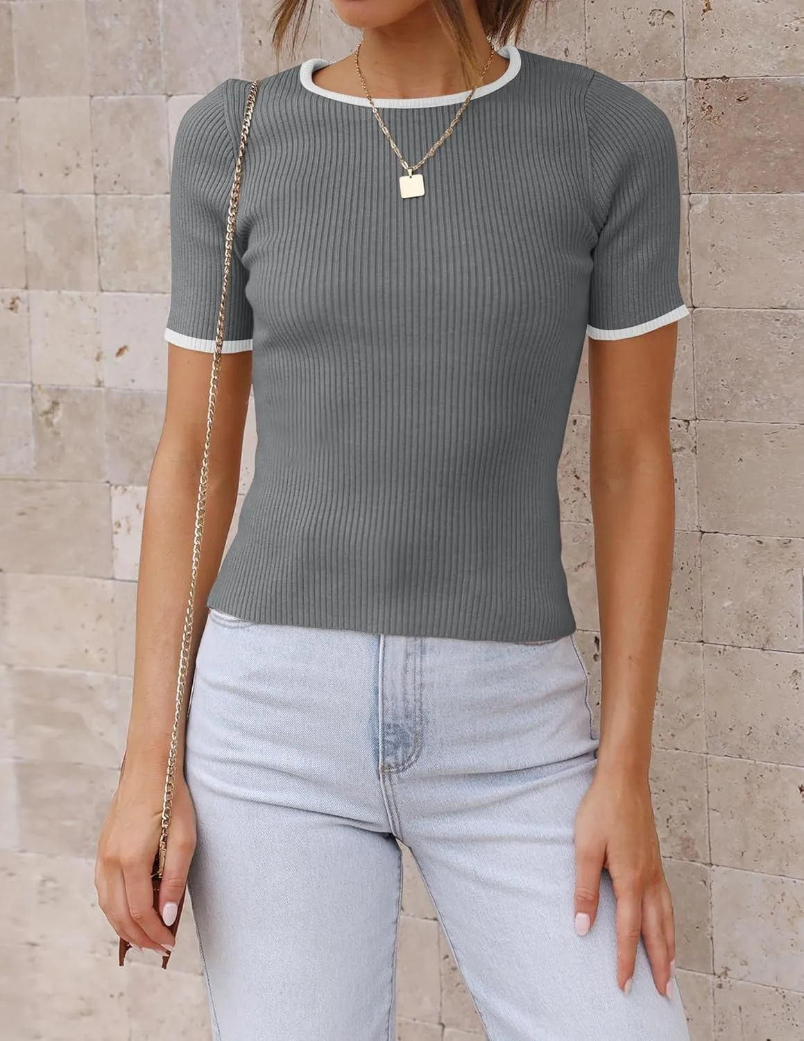 ZESICA Women's Short Sleeve Crewneck T Shirt 2025 Summer Ribbed Knit Slim Fit Basic Solid Color Tee Tops