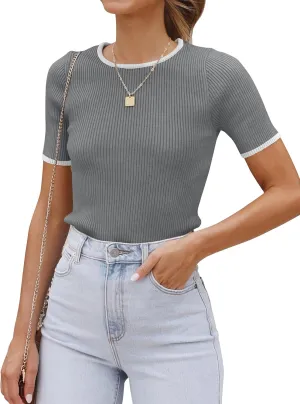ZESICA Women's Short Sleeve Crewneck T Shirt 2025 Summer Ribbed Knit Slim Fit Basic Solid Color Tee Tops