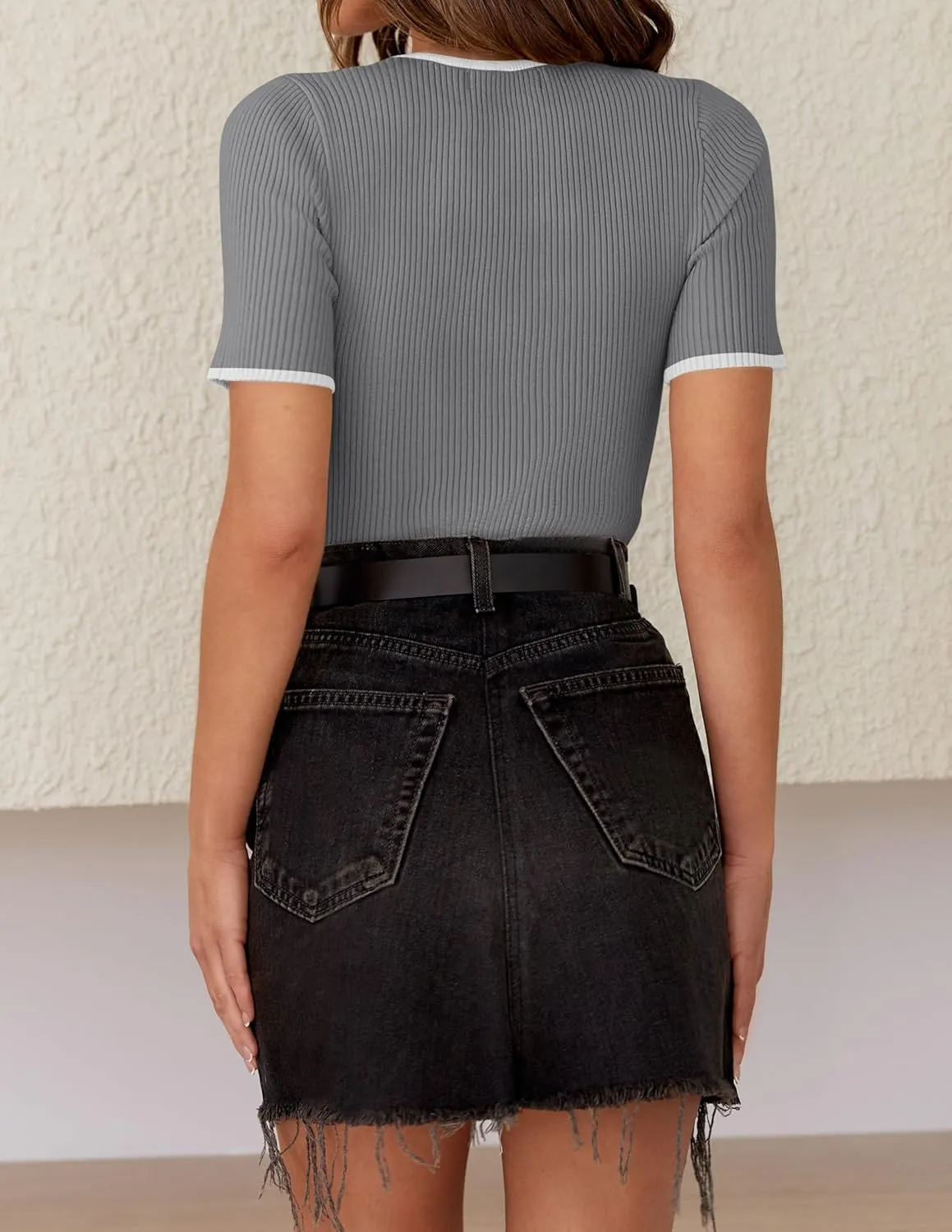 ZESICA Women's Short Sleeve Crewneck T Shirt 2025 Summer Ribbed Knit Slim Fit Basic Solid Color Tee Tops