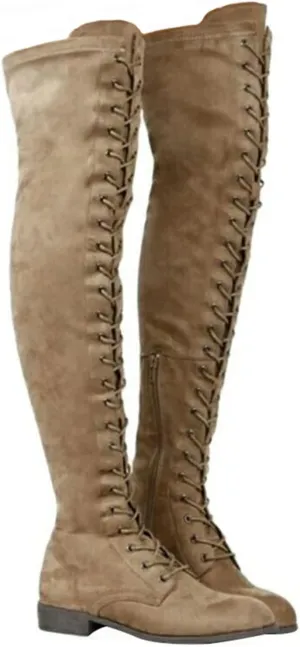 ZHOUYF Womens Over The Knee Boots Fashion Faux Suede Winter Stretchy Tall Boots Lace Up Low Heel Thigh High Riding Boots for Women