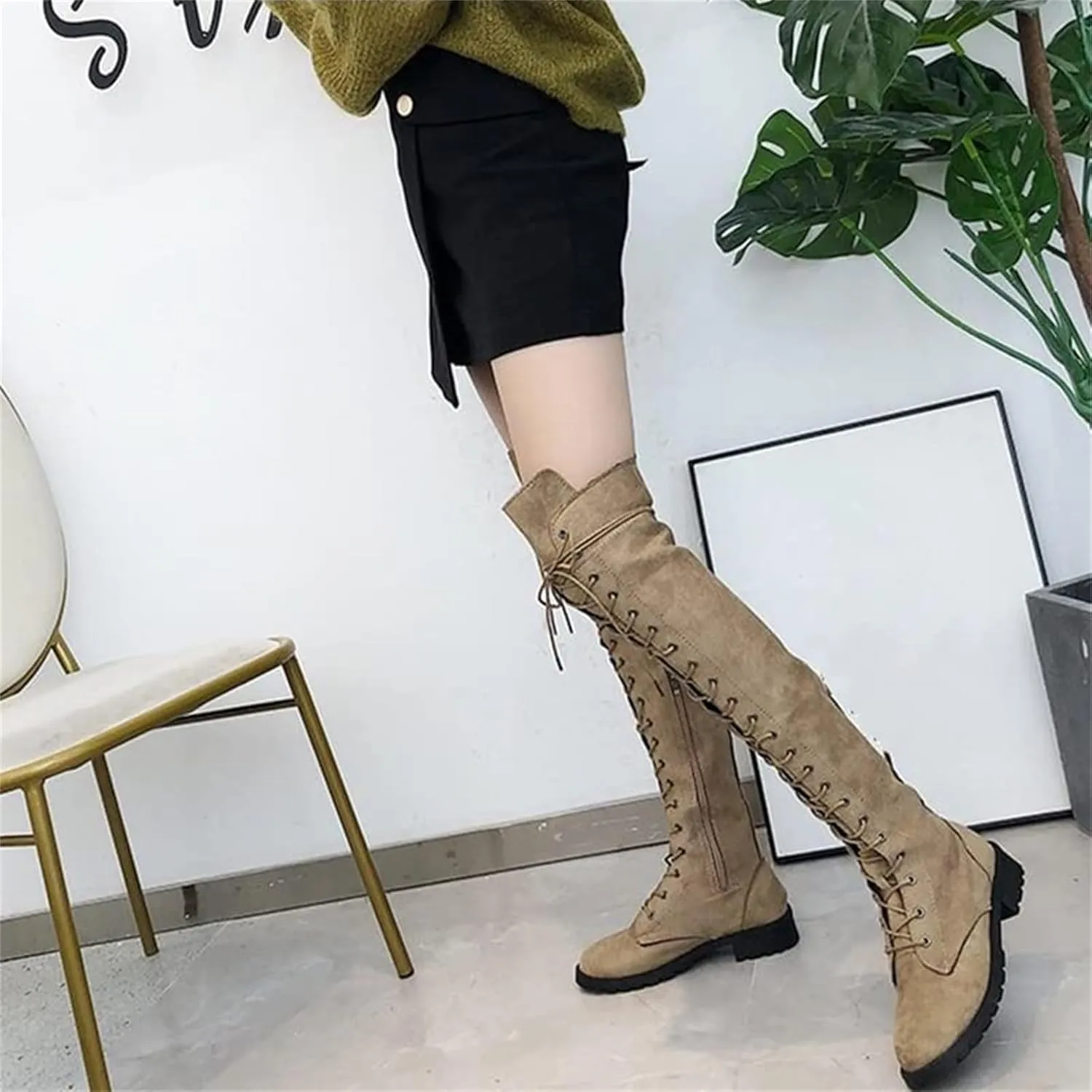ZHOUYF Womens Over The Knee Boots Fashion Faux Suede Winter Stretchy Tall Boots Lace Up Low Heel Thigh High Riding Boots for Women