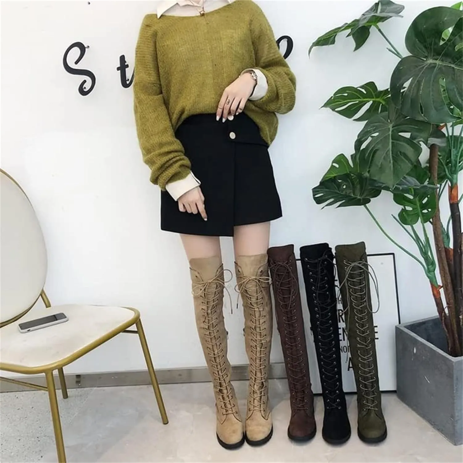 ZHOUYF Womens Over The Knee Boots Fashion Faux Suede Winter Stretchy Tall Boots Lace Up Low Heel Thigh High Riding Boots for Women