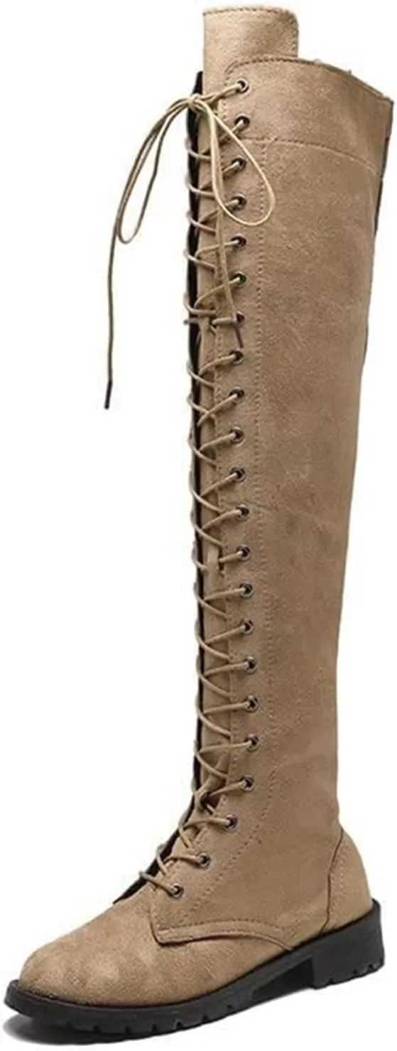 ZHOUYF Womens Over The Knee Boots Fashion Faux Suede Winter Stretchy Tall Boots Lace Up Low Heel Thigh High Riding Boots for Women