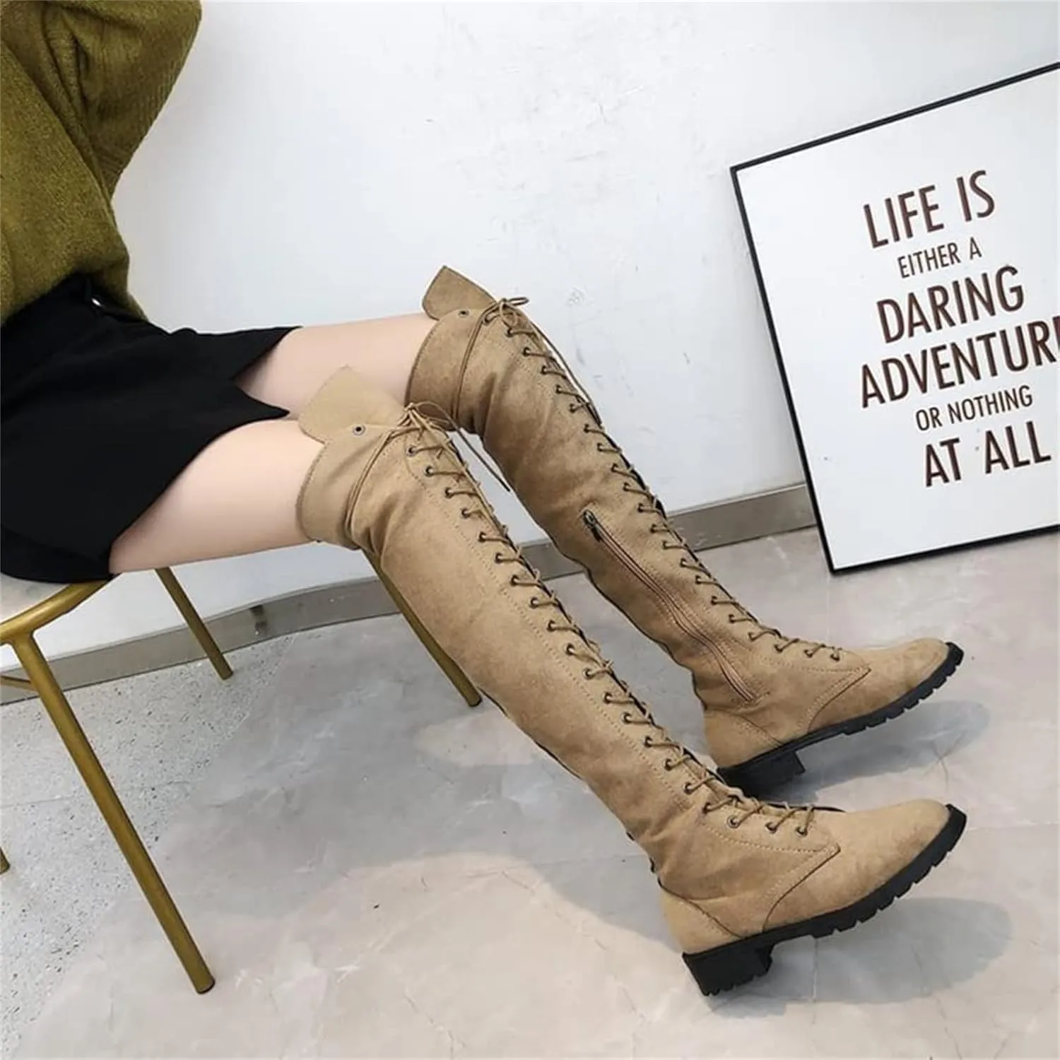 ZHOUYF Womens Over The Knee Boots Fashion Faux Suede Winter Stretchy Tall Boots Lace Up Low Heel Thigh High Riding Boots for Women