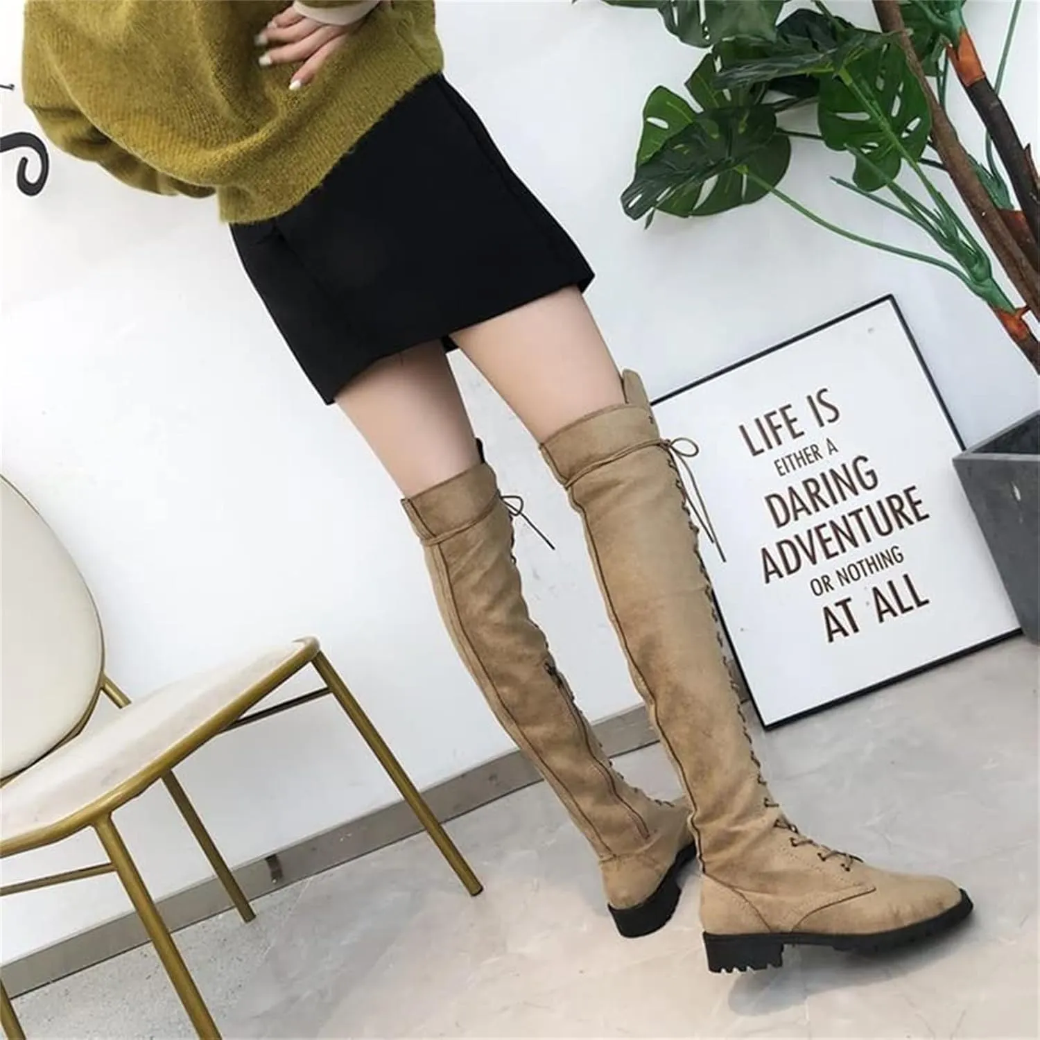 ZHOUYF Womens Over The Knee Boots Fashion Faux Suede Winter Stretchy Tall Boots Lace Up Low Heel Thigh High Riding Boots for Women