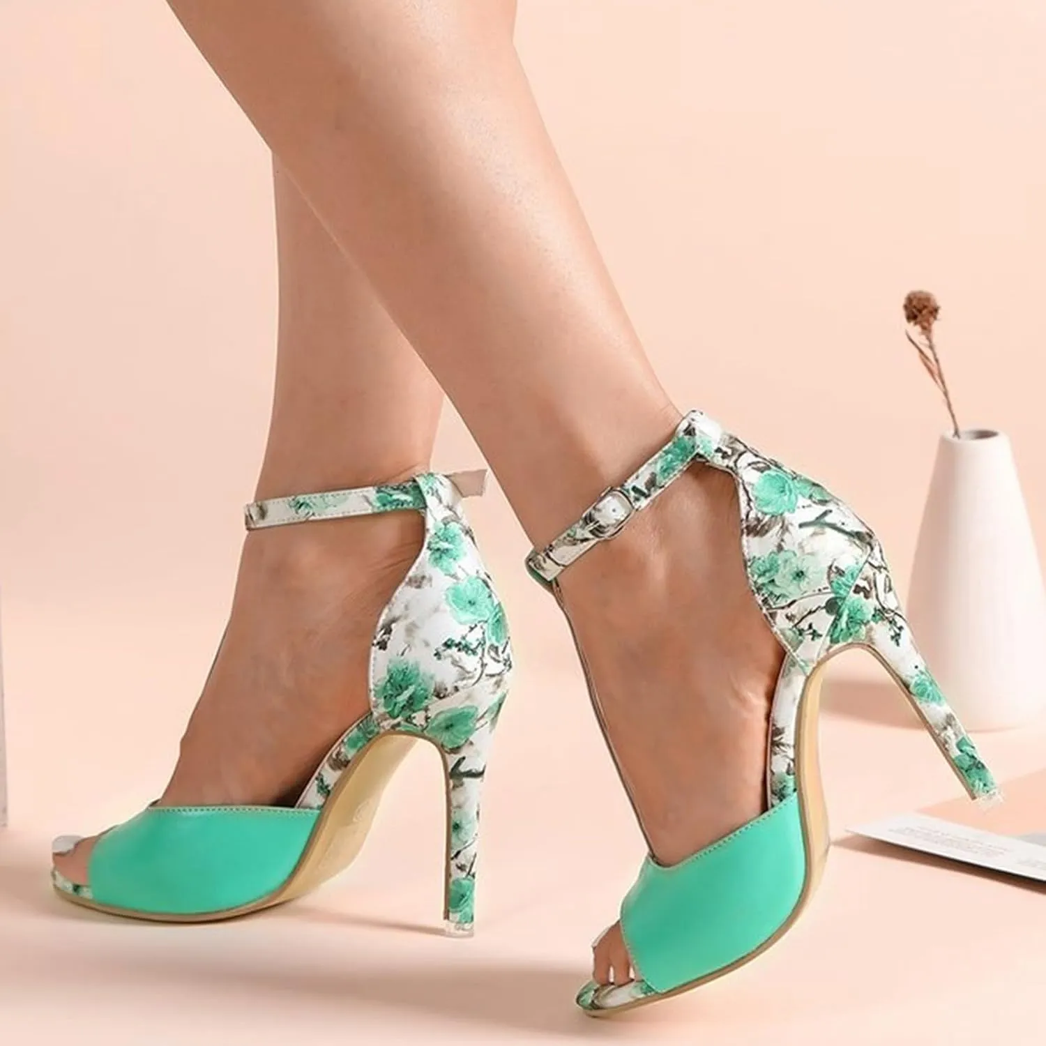 ZSpzx 2025 Women's Stiletto Heels Sandals Peep Toe T-Strap Hollow Out High Floral Heel Backless Orthopedic Dress Sandal Cushion Footbed Sexy Dressy Fashion Shoes for Wedding Bridal Evening Cocktail