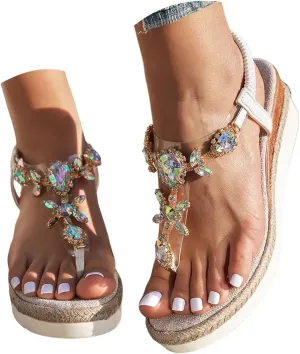 ZSpzx Rhinestone Sandals For Women Dressy Comfortable Open Toe T-Strap Beaded Bohemia Crystal Beach Sandal Slip On Summer Elastic Strap Orthopedic Casual Outdoor Walking Shoes for Daily Wear