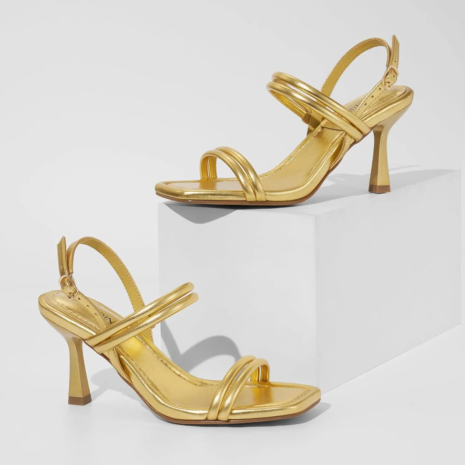 ZURIN Womens Strappy Kitten Heels Sandals Square Open Toe Heeled Sandals Ankle Strap Slingback High Heels Dress Party Evening Prom Shoes
