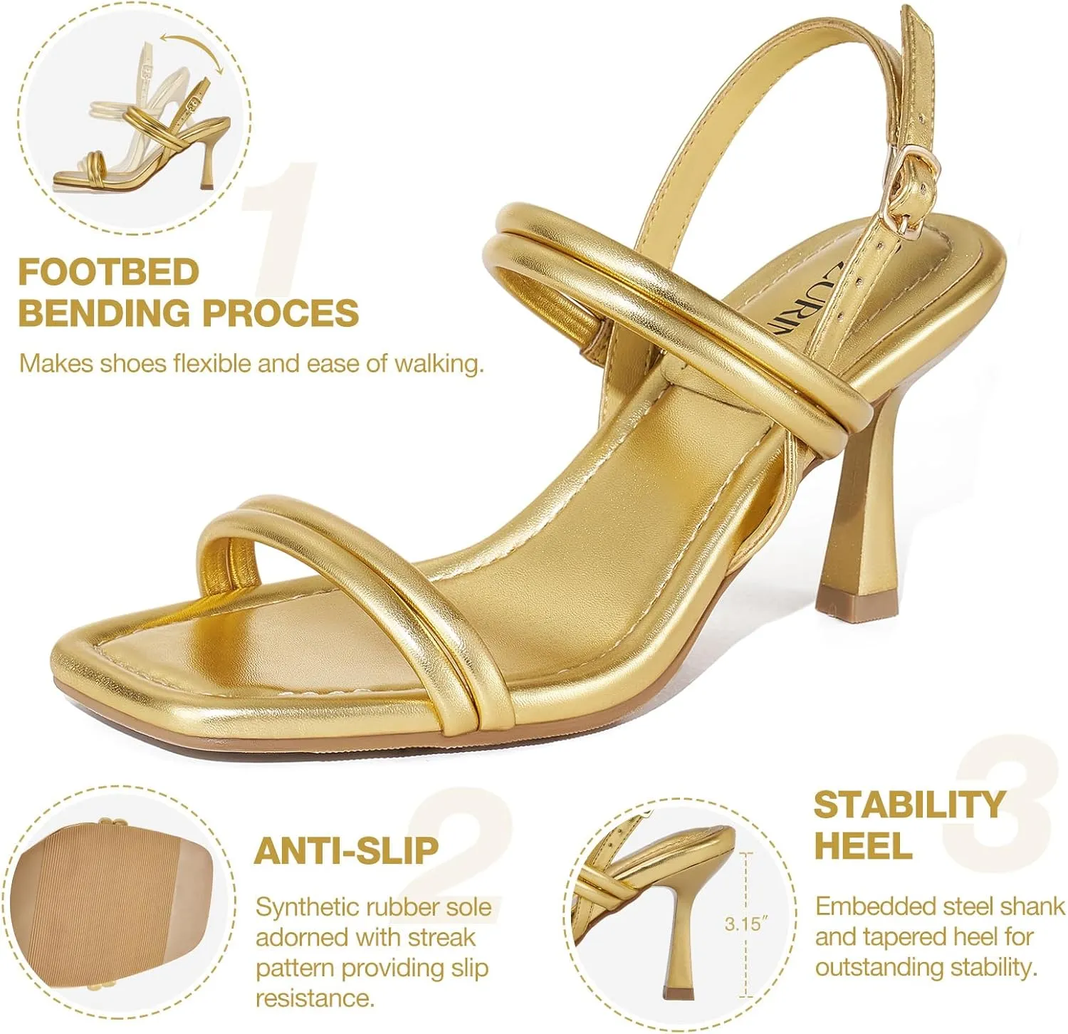 ZURIN Womens Strappy Kitten Heels Sandals Square Open Toe Heeled Sandals Ankle Strap Slingback High Heels Dress Party Evening Prom Shoes